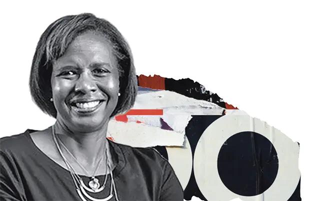 A black-and-white cutout of Veronica Daniels-Lewis, a Black woman, smiling at the camera with a colorful, patterned background