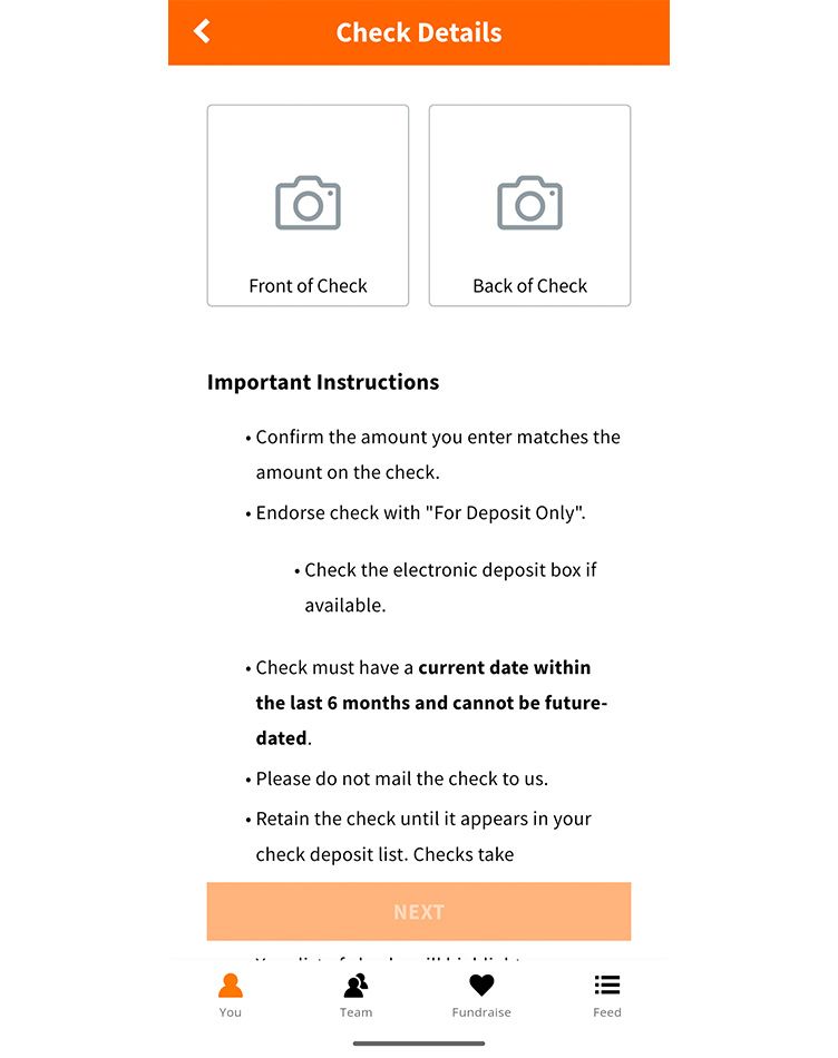 A screen in the DonorDrive app titled “Check Details.”