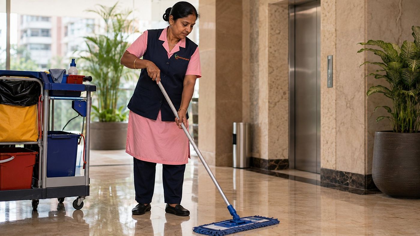 Whitehand housekeeping staff mopping an apartment lobby with a cleaning trolley, residential housekeeping in Bangalore