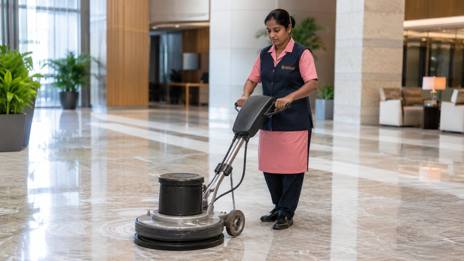 Whitehand commercial housekeeping staff machine-cleaning a Bangalore office floor