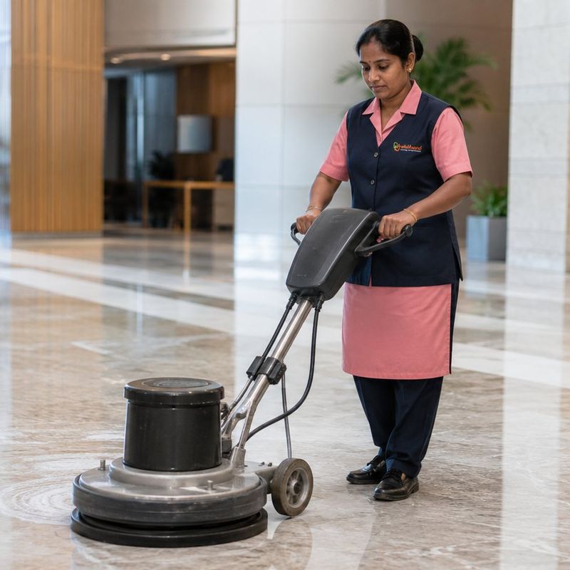 Whitehand commercial housekeeping staff machine-cleaning a Bangalore office floor