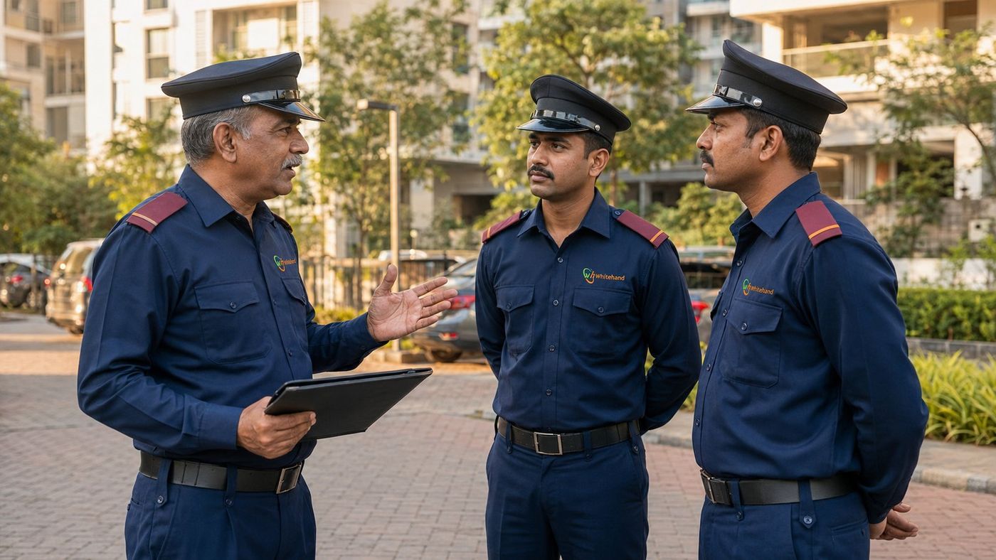 Whitehand security supervisor briefing guards at a shift handover in a Bangalore gated community