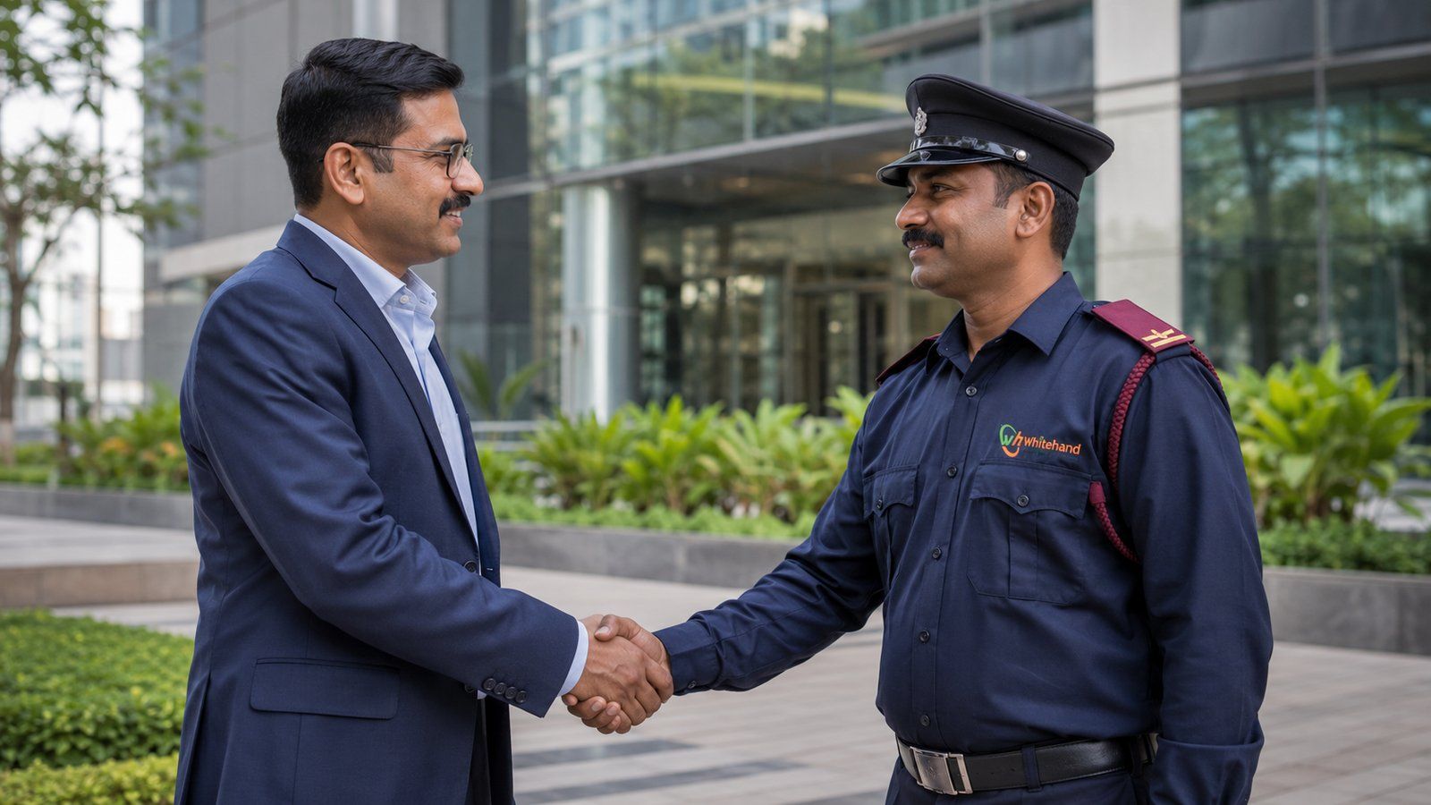 Facility manager choosing a security agency, shaking hands with a Whitehand security supervisor at a Bangalore corporate building