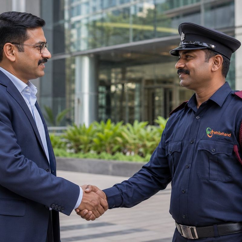 Facility manager choosing a security agency, shaking hands with a Whitehand security supervisor at a Bangalore corporate building