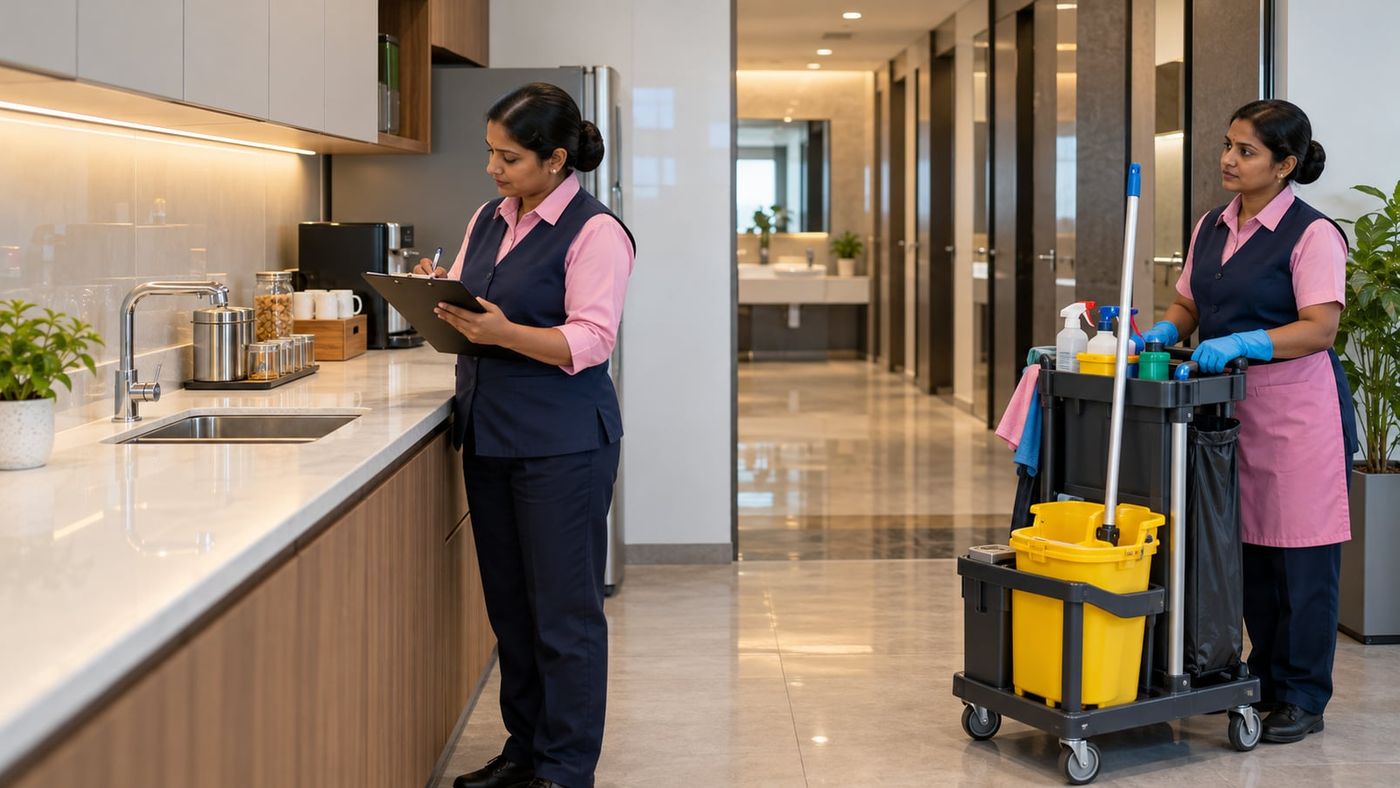Housekeeping supervisor checking an office pantry against a checklist while a team member waits with a cleaning trolley in a Bangalore office