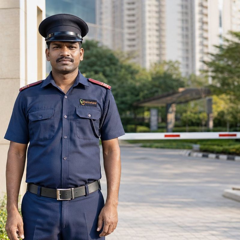 Whitehand security guard on duty at a Bangalore gated-community entrance gate with a boom barrier