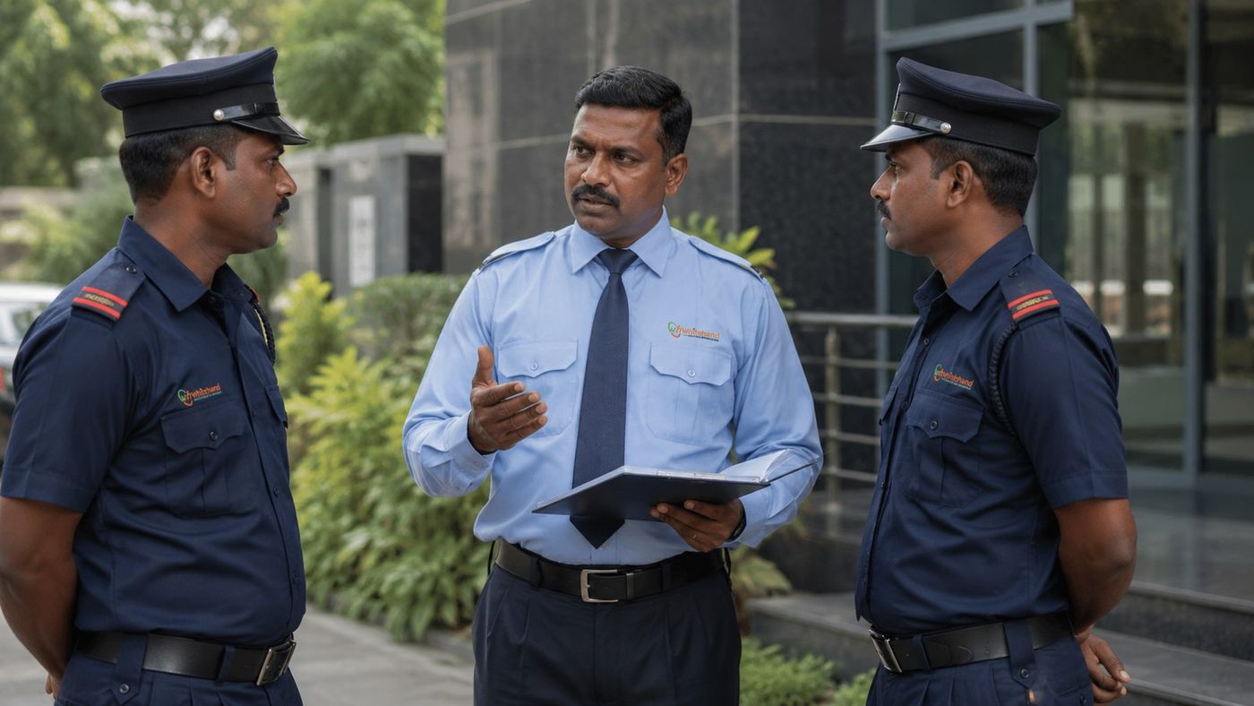 Whitehand security supervisor briefing guards at a shift handover in Bangalore
