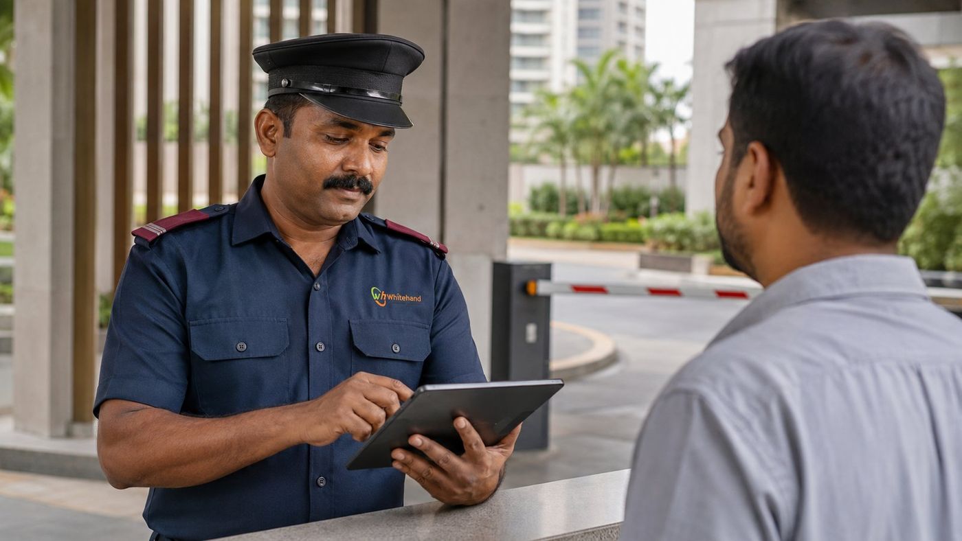 Whitehand security guard managing visitor entry on a tablet at a Bangalore gated-community gate