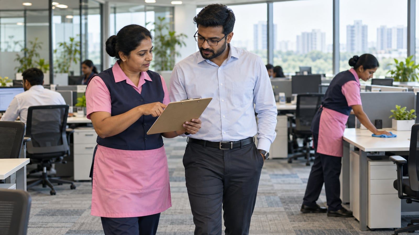 Housekeeping supervisor reviewing a checklist with a facility manager on a Bangalore corporate office floor