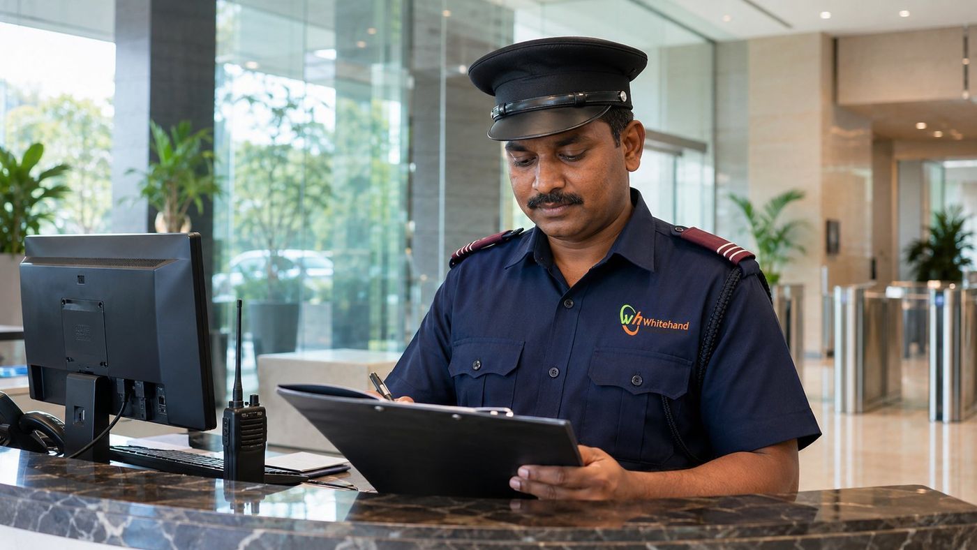 Whitehand security guard reviewing a duty checklist at a corporate security desk in Bangalore