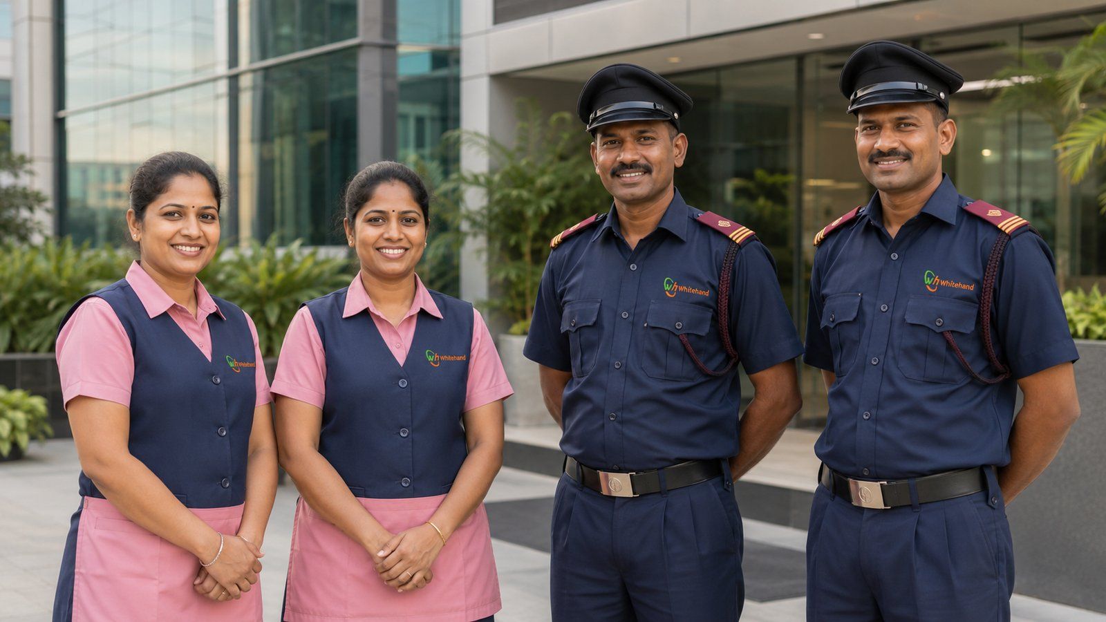Whitehand outsourced facility management team of housekeeping staff and security guards in Bangalore