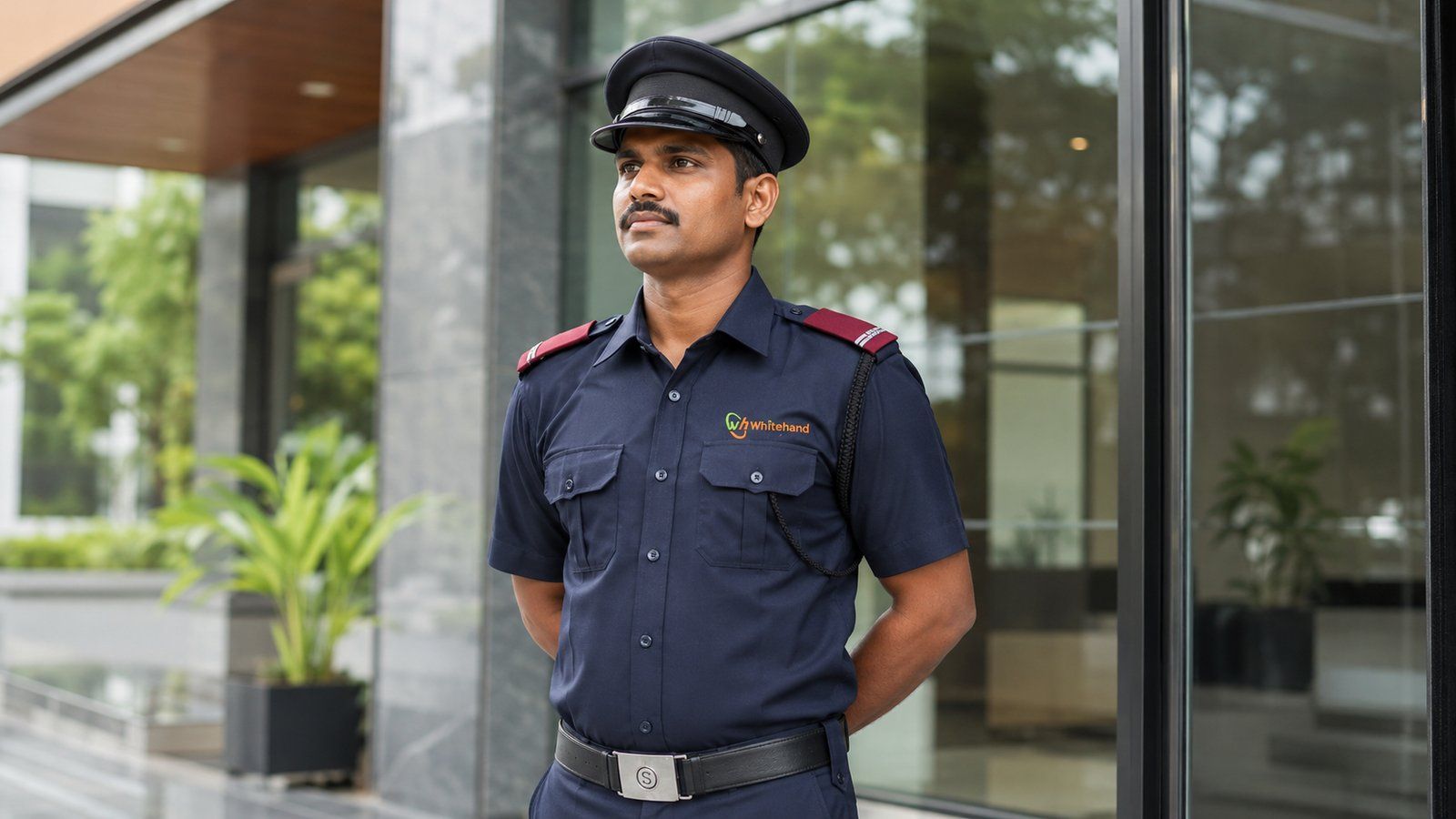 PSARA-licensed Whitehand security guard on duty at a corporate building entrance in Bangalore