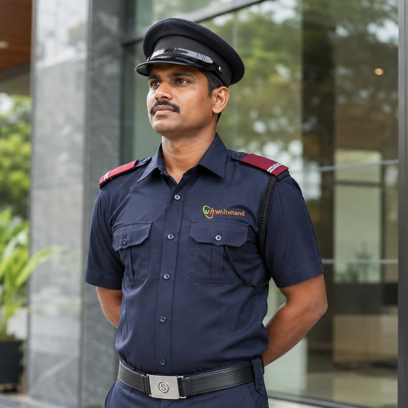 PSARA-licensed Whitehand security guard on duty at a corporate building entrance in Bangalore