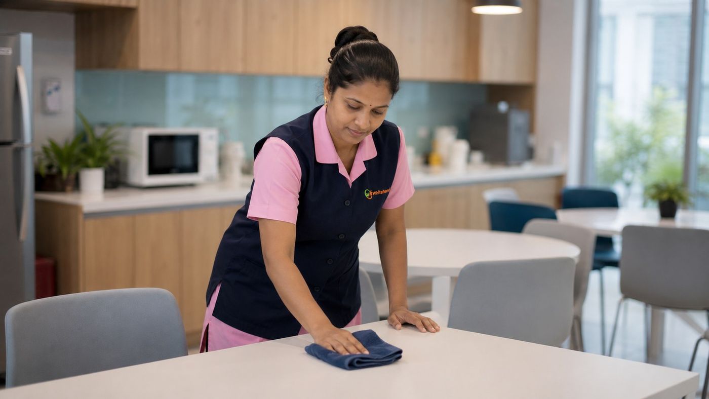 Whitehand housekeeping staff member wiping down a table in a Bangalore corporate office pantry