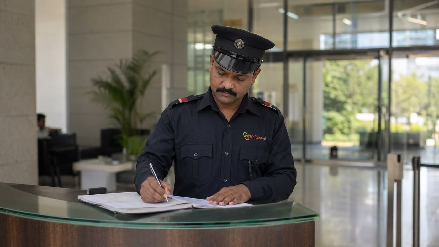 Whitehand security guard logging a visitor at a corporate reception in Bangalore