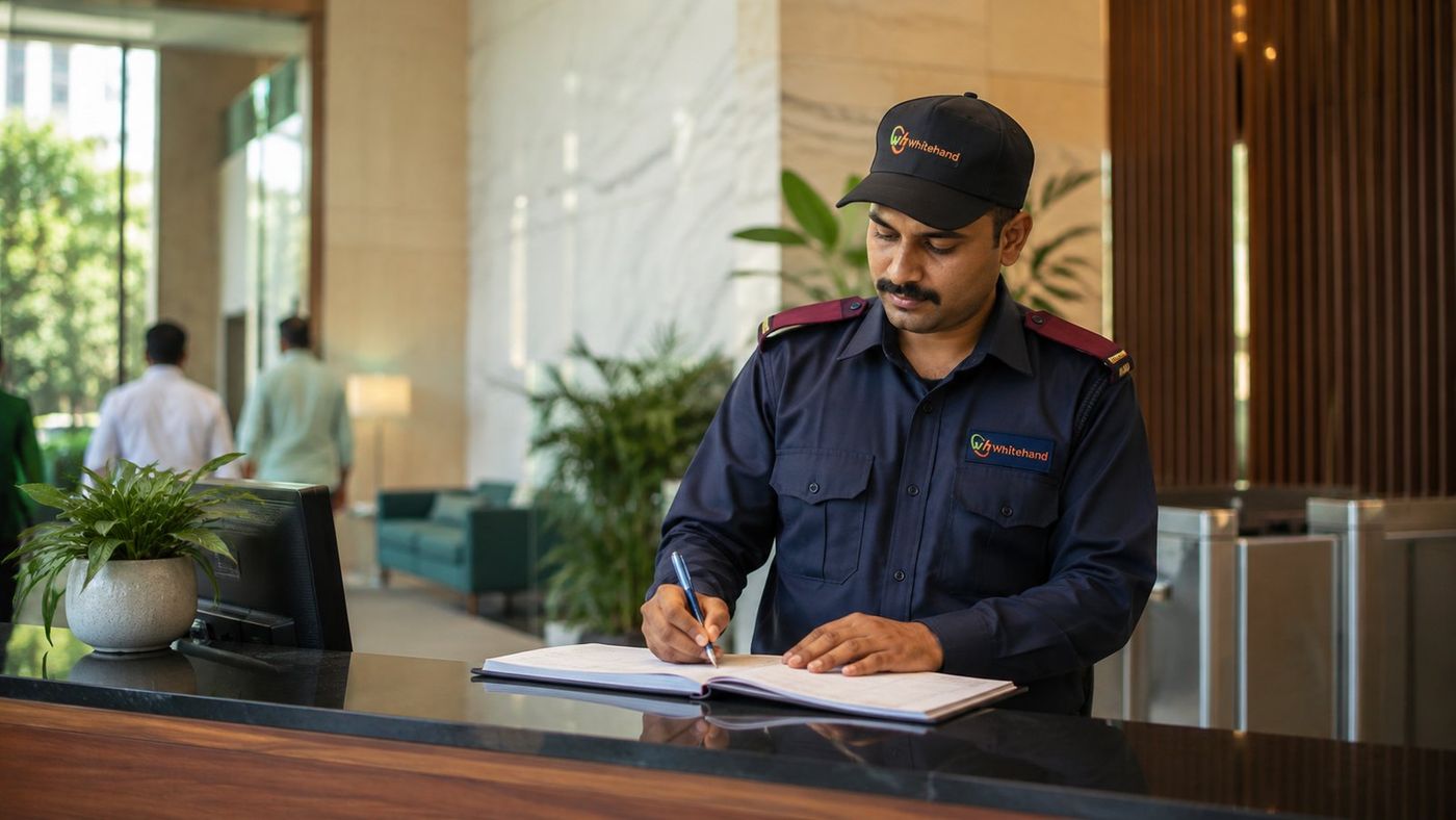 Whitehand security guard managing visitor entry at an office reception in Bangalore