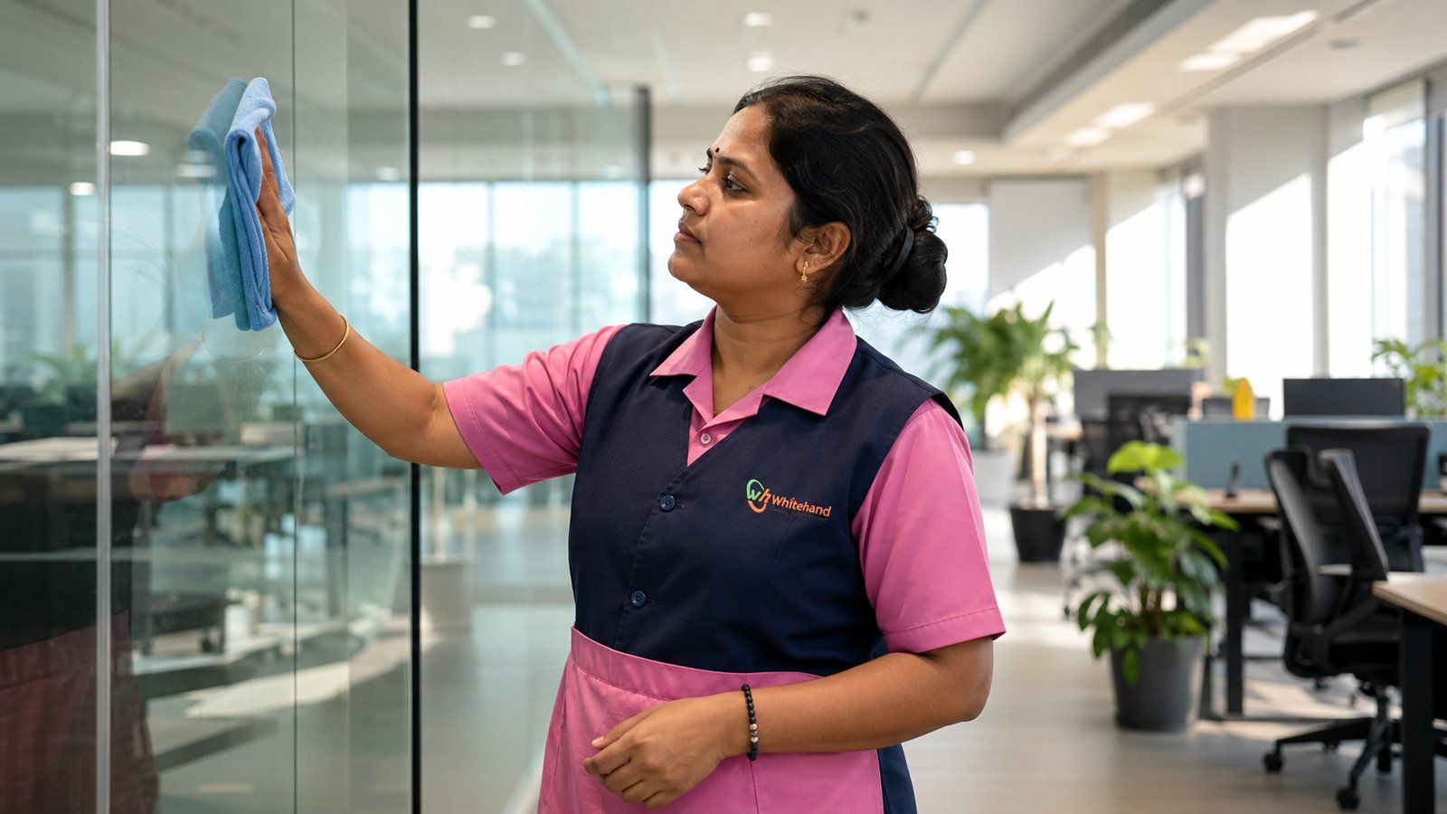 Whitehand housekeeping staff cleaning a glass office partition, professional office housekeeping services in Bangalore