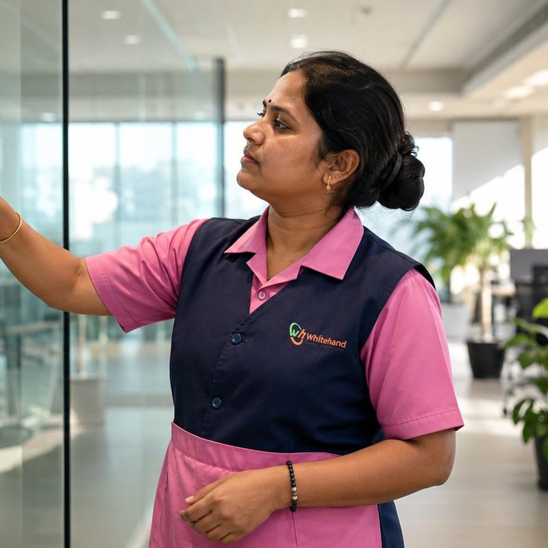 Whitehand housekeeping staff cleaning a glass office partition, professional office housekeeping services in Bangalore
