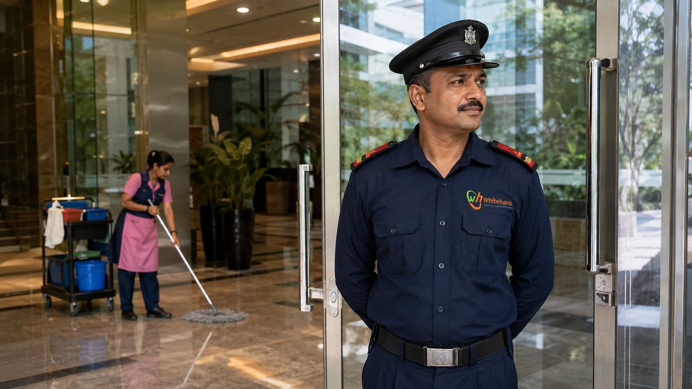Whitehand housekeeping and security team working together at a Bangalore corporate office