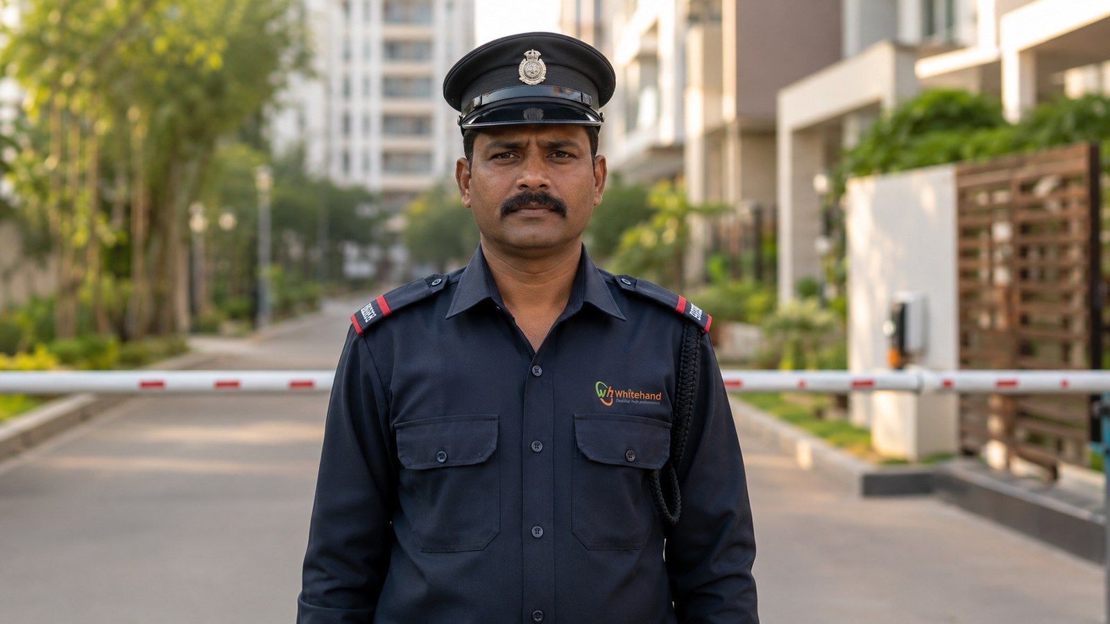 Whitehand security guard on gate duty at a Bangalore gated community