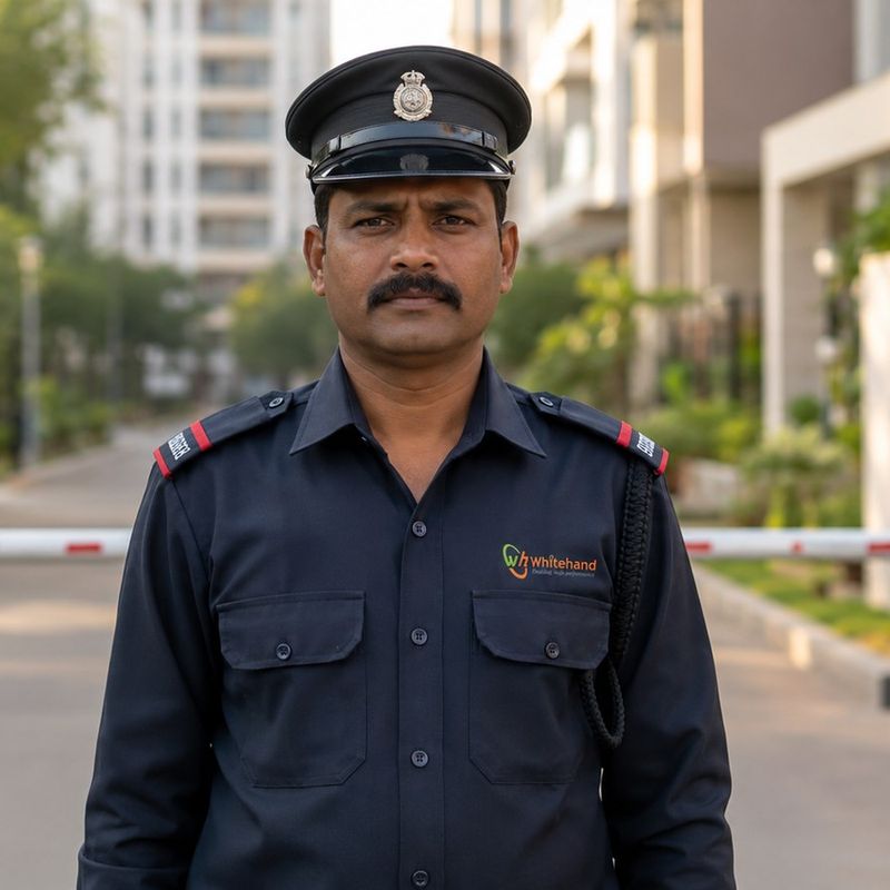 Whitehand security guard on gate duty at a Bangalore gated community