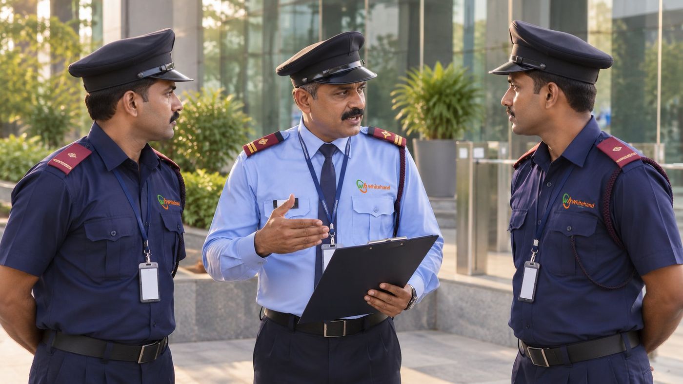 Whitehand security supervisor briefing PSARA-licensed guards at a shift handover in Bangalore