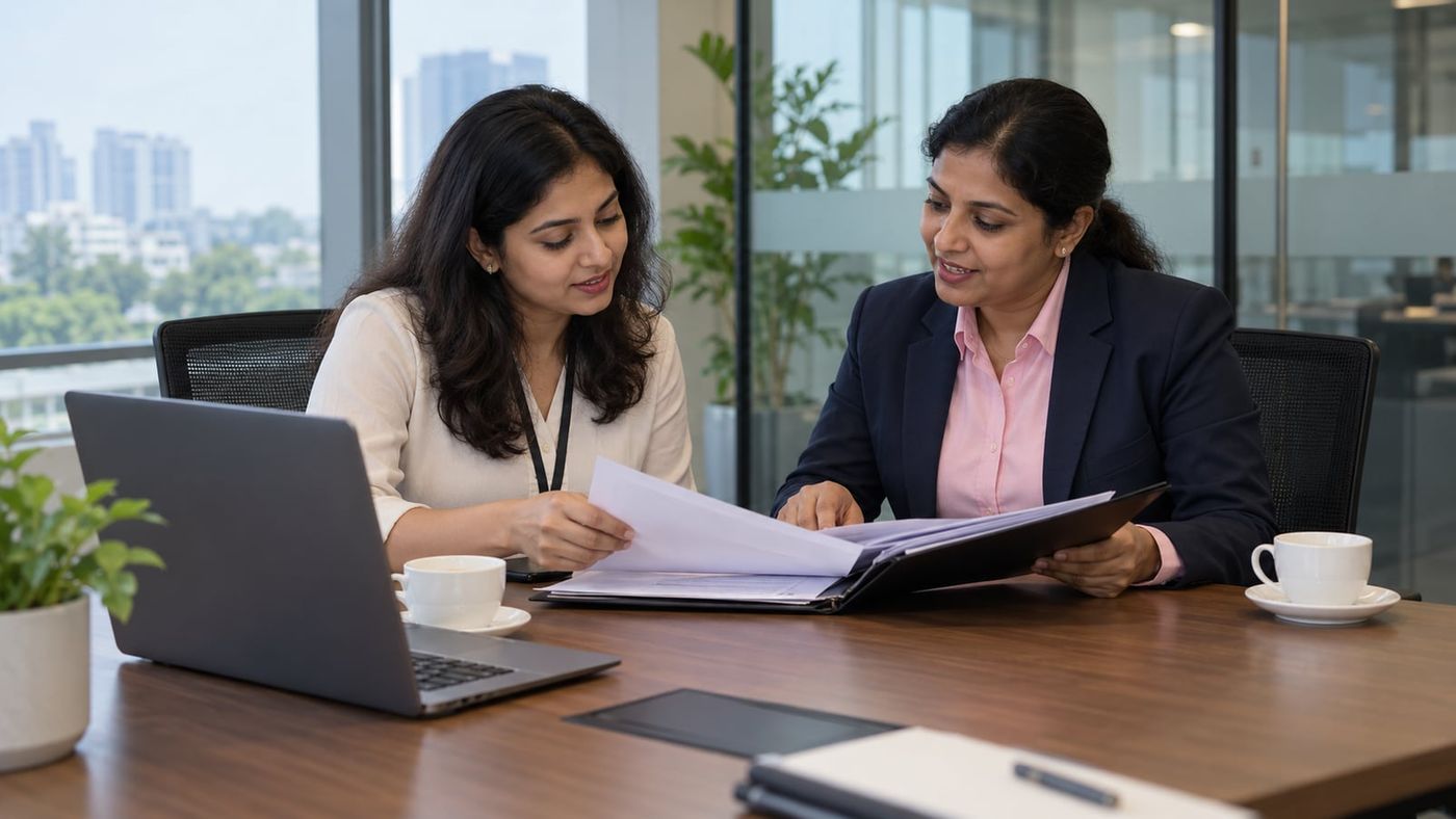Facility manager reviewing a housekeeping vendor's compliance documents with the vendor's representative in a Bangalore office
