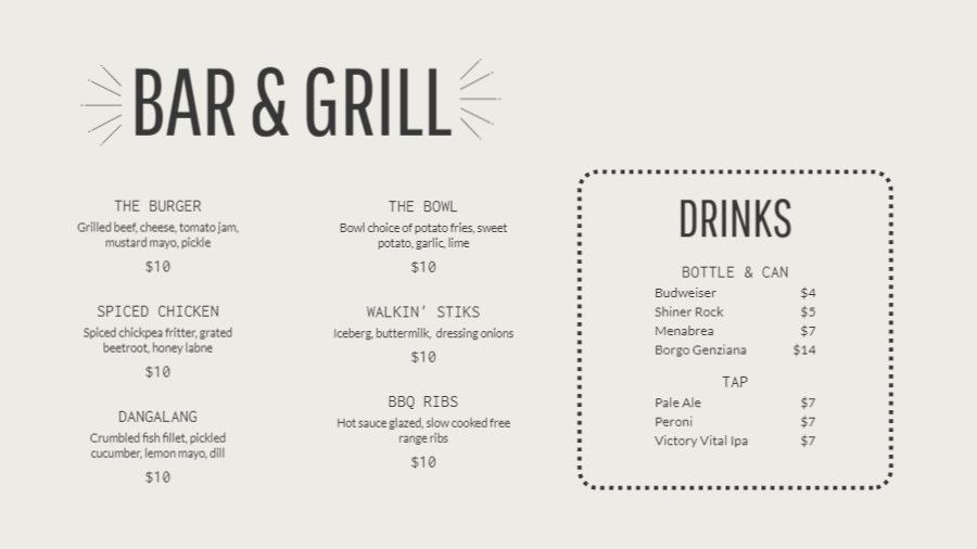 Bar & Grill Special Menu