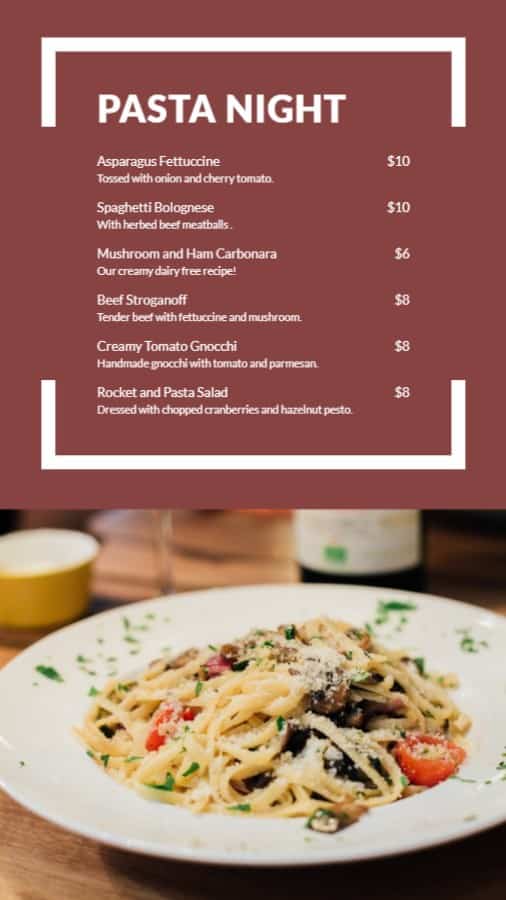 Restaurant Pasta Menu