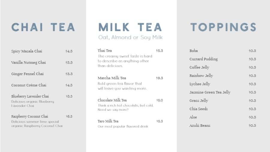 Chai Tea Menu