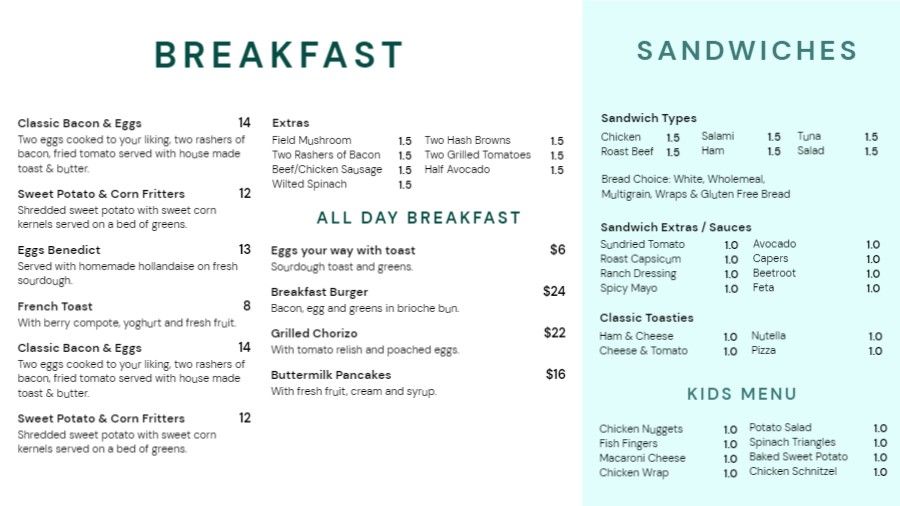 Restaurant Breakfast Menu