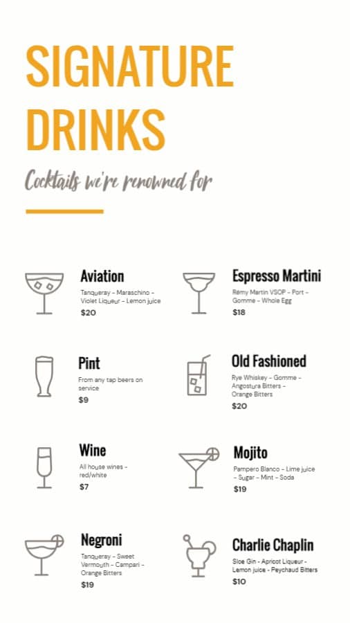 Minimalist Signature Drinks Menu