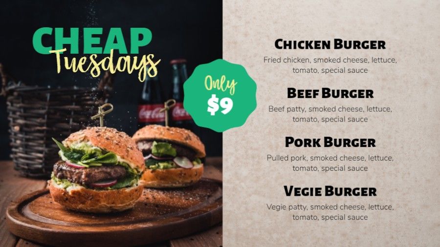 Cheap Burger Tuesdays Menu