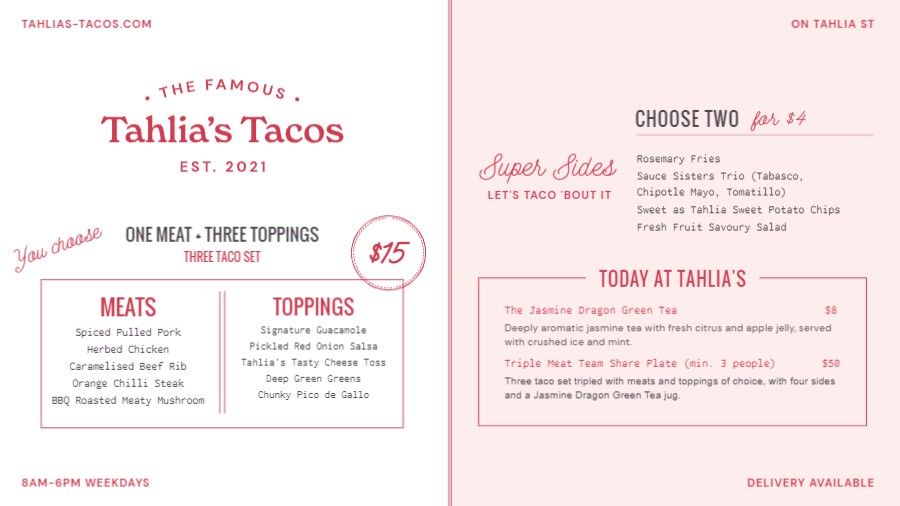 Tahlia Taco Menu