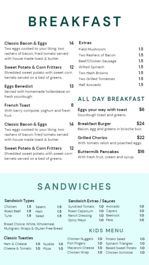 Restaurant Breakfast Menu
