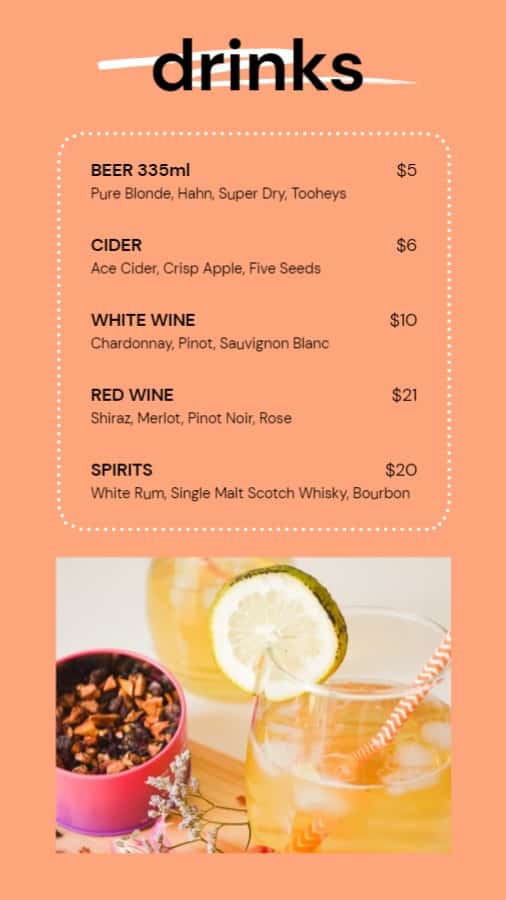 Fun, Orange Drinks Menu