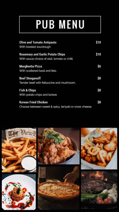 Restaurant Pub Menu
