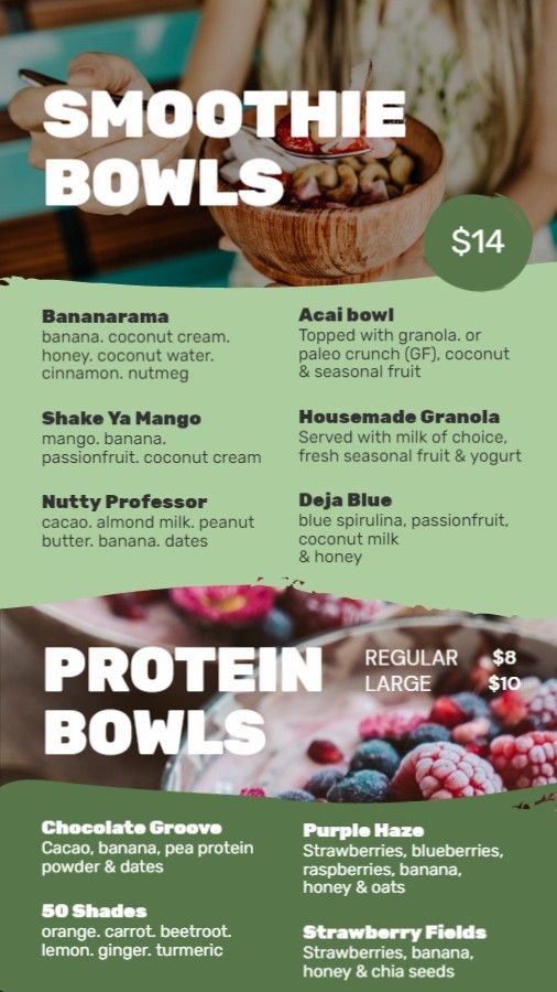 Healthy Smoothie and Protein Bowl Menu