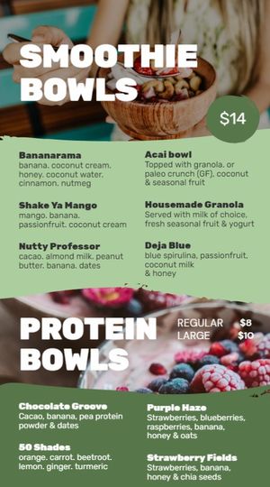 Healthy Smoothie and Protein Bowl Menu