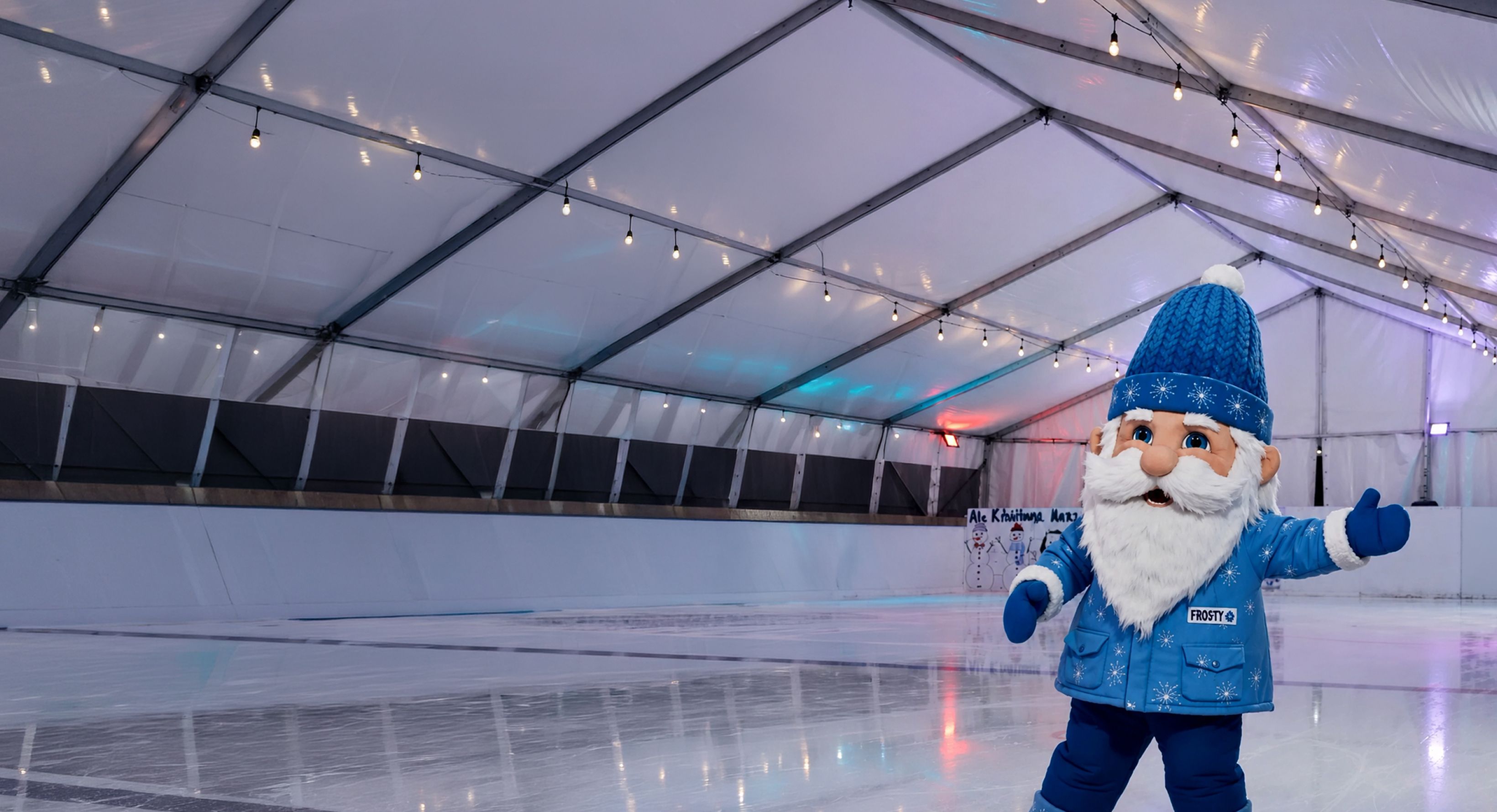 Frosty the mascot enjoying ice skating at MainPower alpine winter festival 