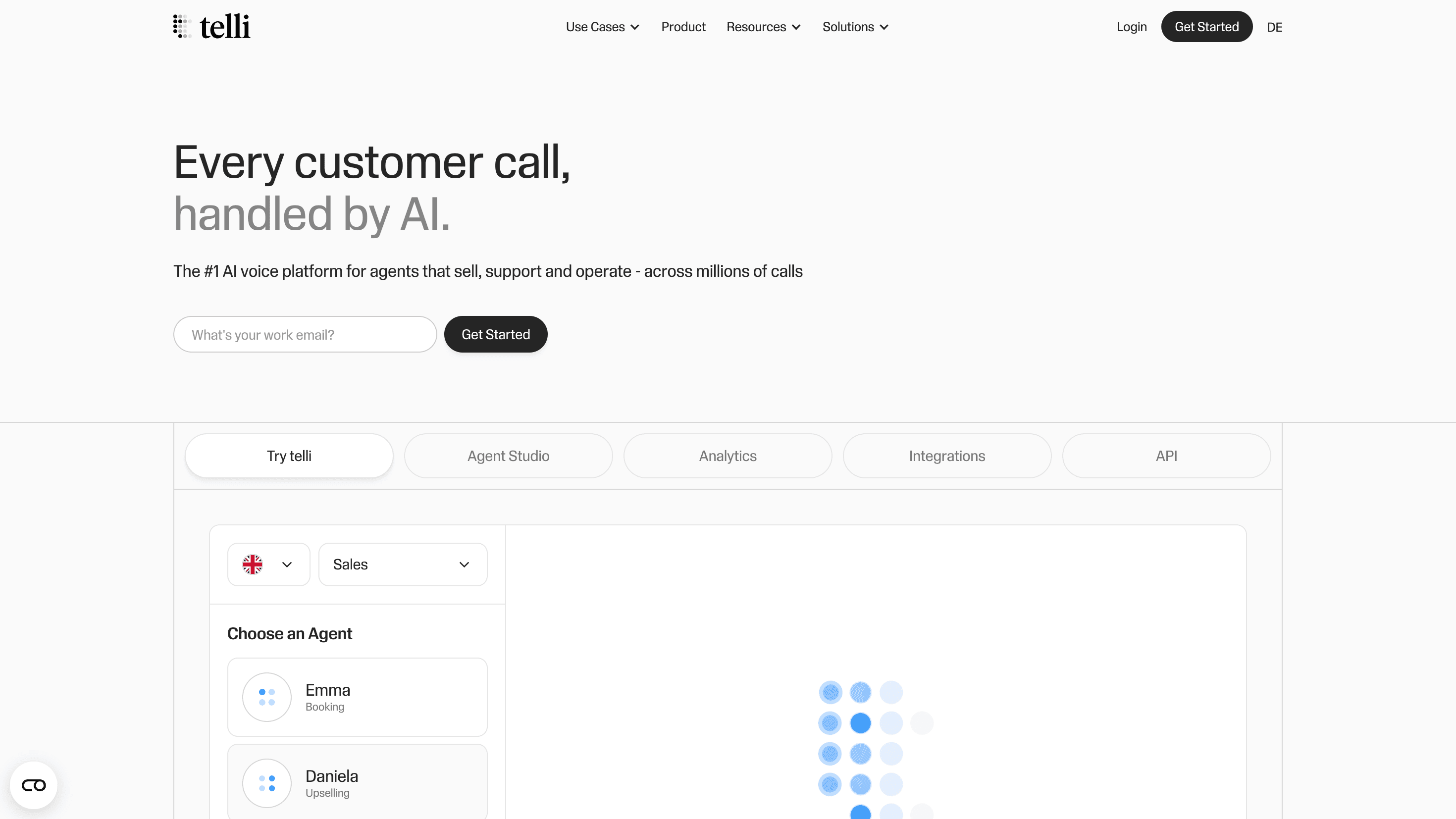 Screenshot of the telli website