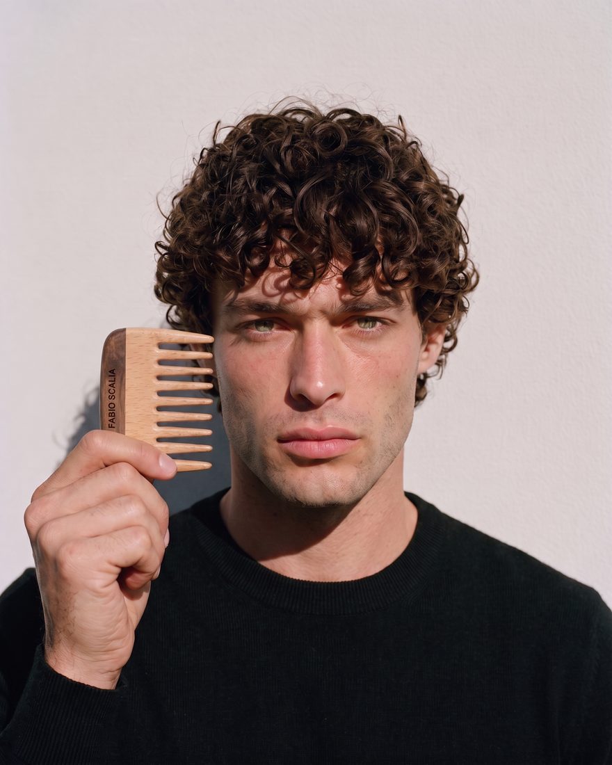 Model holding a Fabio Scalia wide-tooth wooden comb