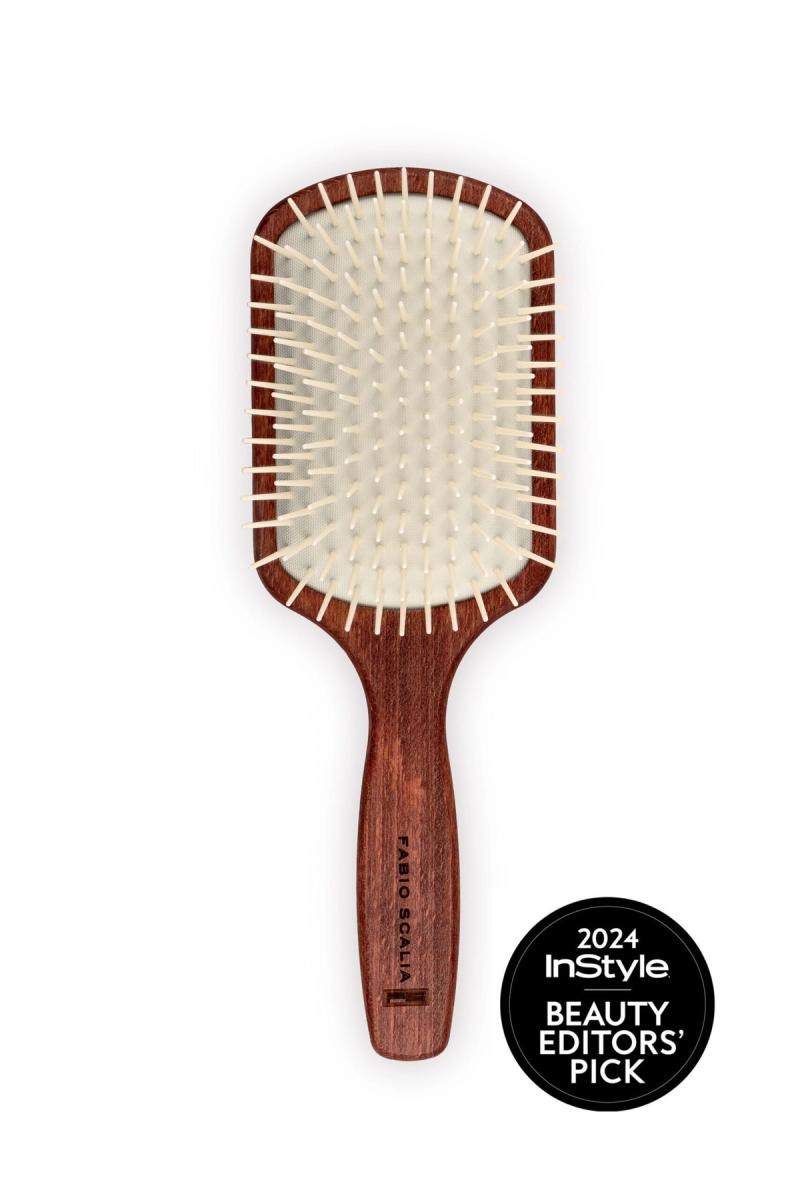 La Claudia paddle hair brush with white bristles and wood handle