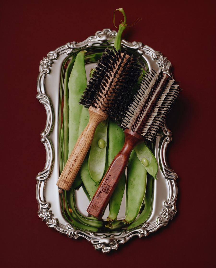 Fabio Scalia round brushes arranged with green beans on a silver tray