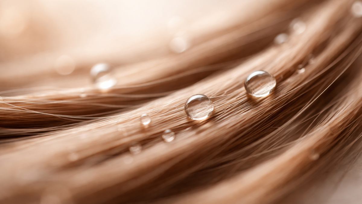 Macro image of healthy hair strands with peptide-inspired droplets, representing advanced, science-driven haircare and hair repair