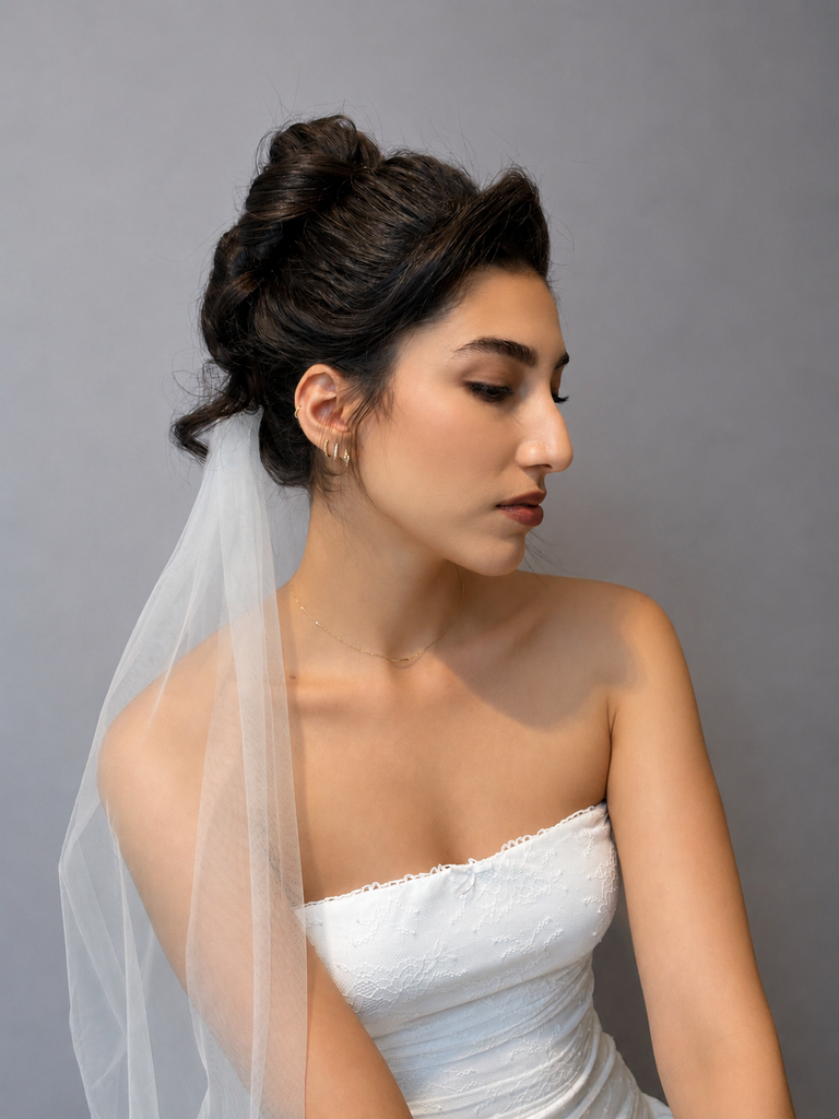 bridal hair updo with veil front facing