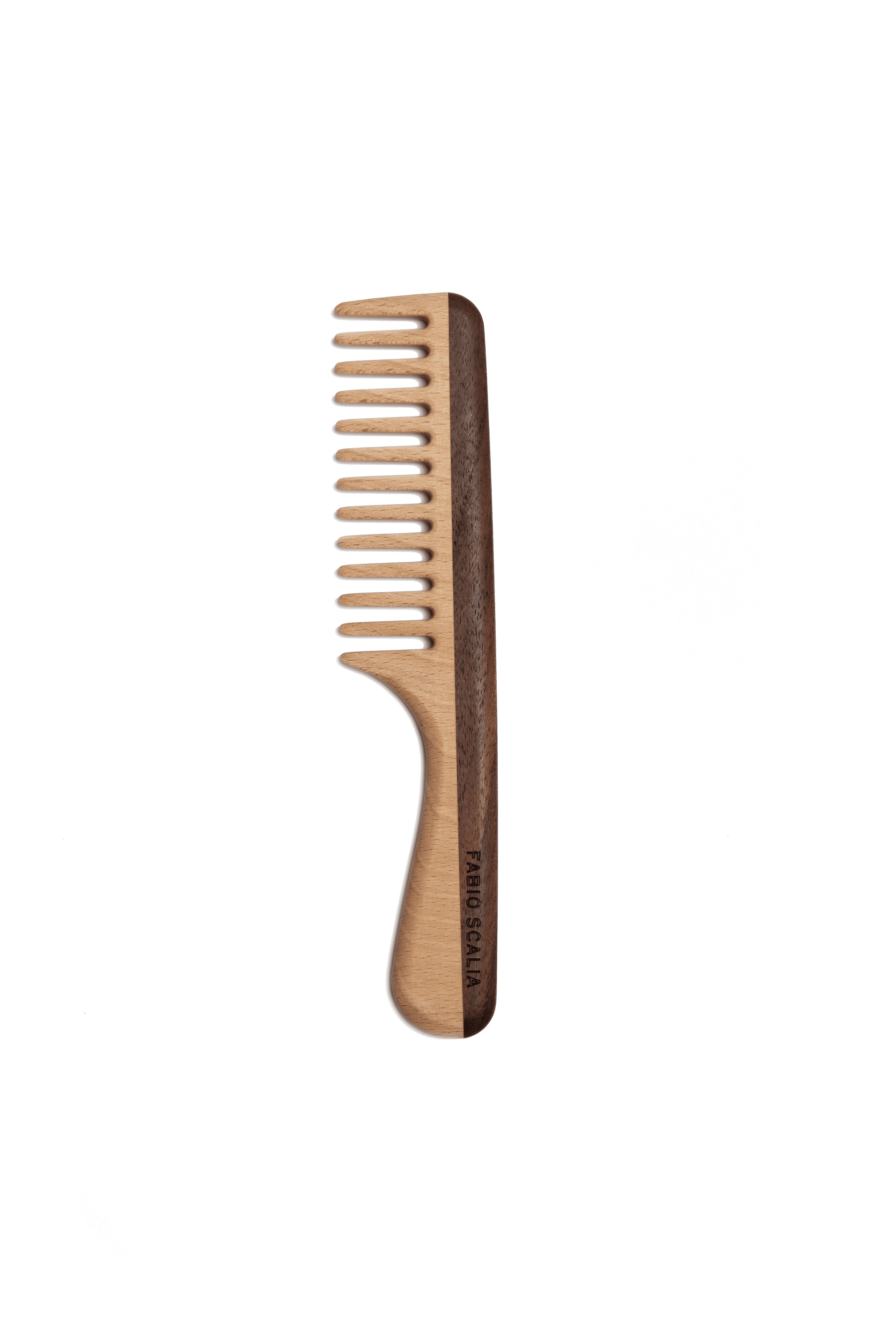 Leo wide-tooth styling comb with curved wood handle