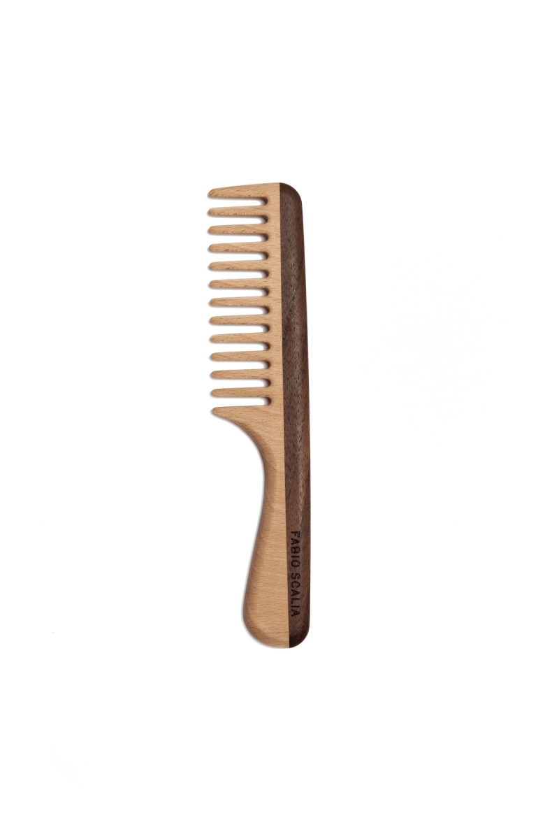 Leo wide-tooth styling comb with curved wood handle