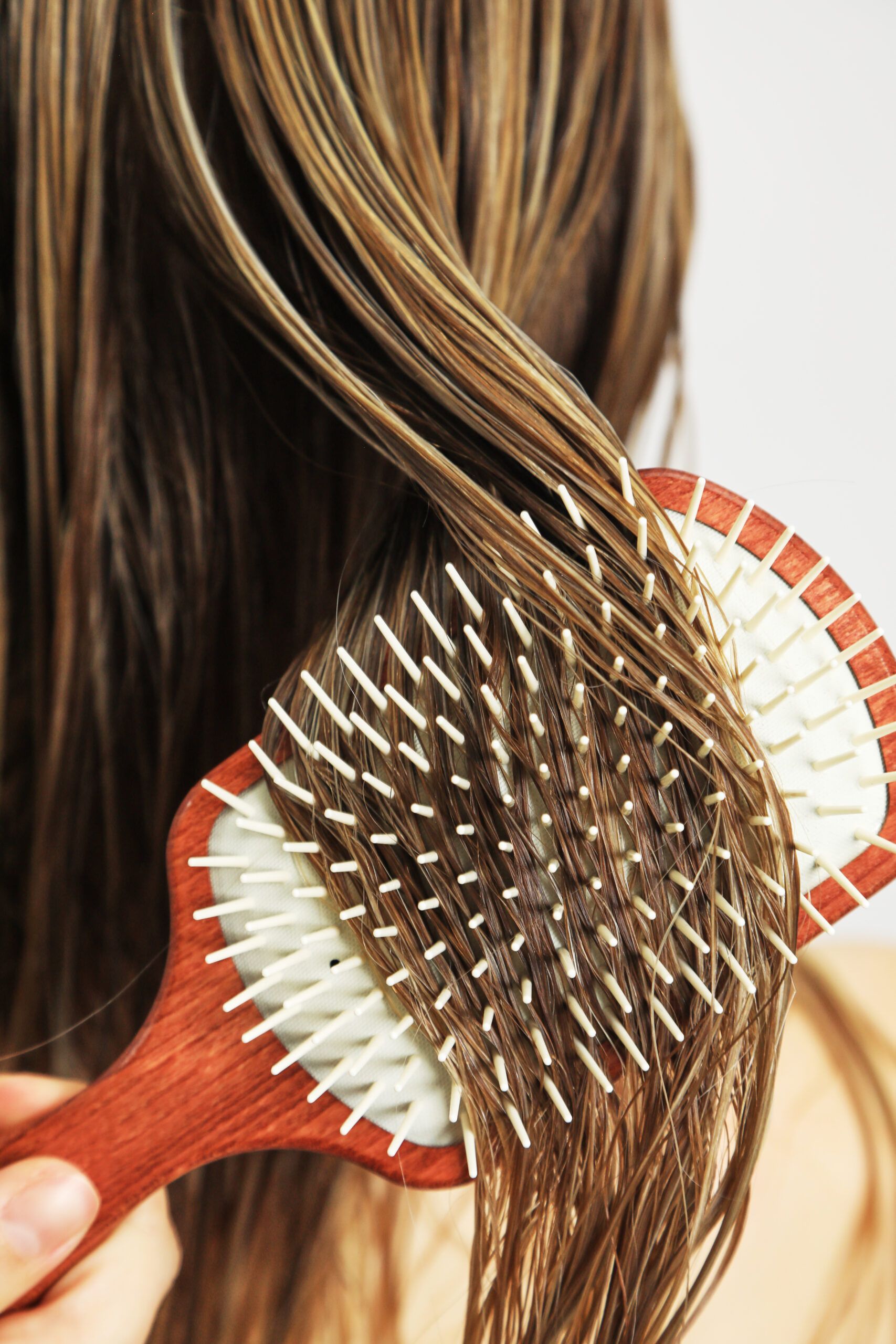 Claudia Paddle Brush gently detangling wet hair, distributing product evenly