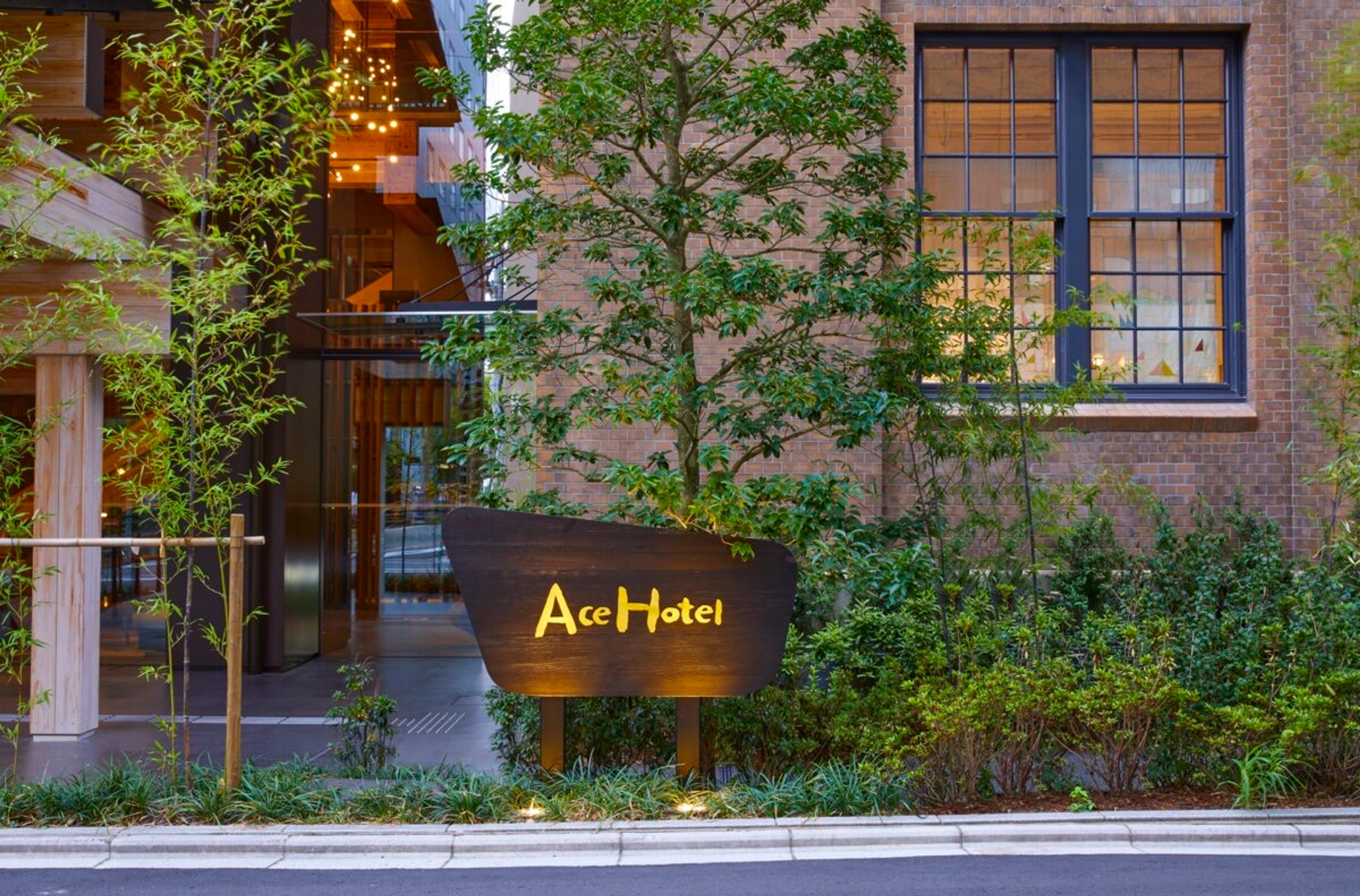 The Ace Hotel's wooden sign in front of its brick facade and lit windows, framed by a street tree and planting at dusk.
